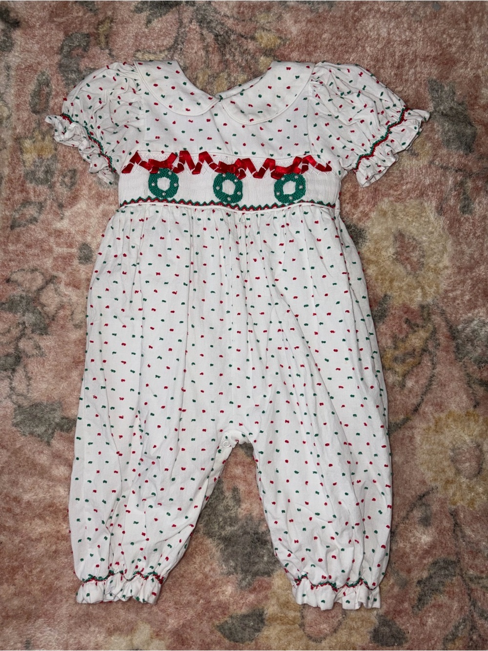 Christmas Pearl Wreathe Smocked Romper with Red & Green Swiss Dot